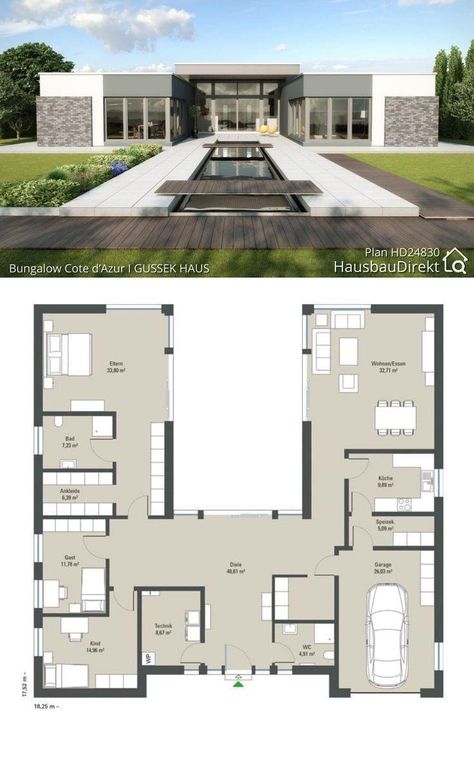 Bungalow House Floor Plans, Modern Bungalow House Plans, Flat Roof House, Casa Country, Modern Bungalow House, Building Plans House, Modern Style House Plans, House Plan Gallery, Model House Plan