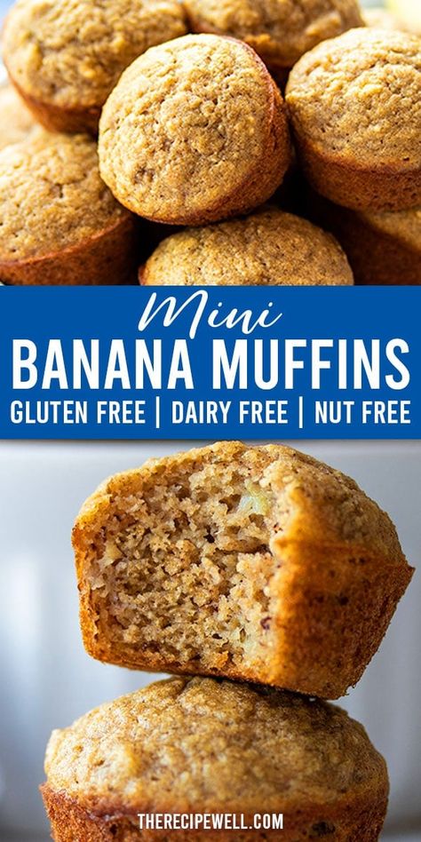 Dairy Free Banana Muffins, Banana Mini Muffins, Fruit Breads, Gf Treats, Mini Banana Muffins, Gluten Free Banana Muffins, Muffins Recipes, Mini Bananas, Nut Free Recipes