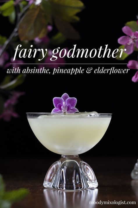 Fairy Godmother Absinthe Cocktail - Moody Mixologist Absinthe Cocktail, Elderflower Cocktail, Boozy Drinks, Fancy Drinks, Cocktail Drinks Recipes, Alcohol Drink Recipes, Drinks Alcohol Recipes, 5 O Clock Somewhere, Fairy Godmother