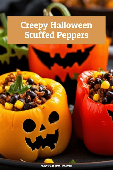 Halloween Spooky Stuffed Peppers Recipe: Fun & Festive Bell Pepper Jack-o'-Lanterns Stuffed Bell Peppers Turkey, Halloween Stuffed Peppers, School Cookies Recipe, Welcome To My Kitchen, Stuffed Peppers Recipe, Easy Zucchini Recipes, Easy Peasy Recipes, Bell Pepper Recipes, Sweet Treats Recipes