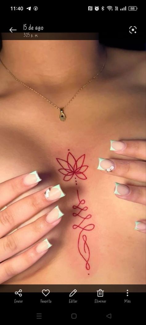 Tattoos For Women Boyfriend, Girly Minimalist Tattoo, Sternum Stencil, Rhianna Tattoos Chest, Tattoo Ideas Female Chest Middle, Septum Tattoos For Women, Womens Collarbone Tattoo Ideas, Dermal Tattoo Ideas, Cute Small Chest Tattoos For Women