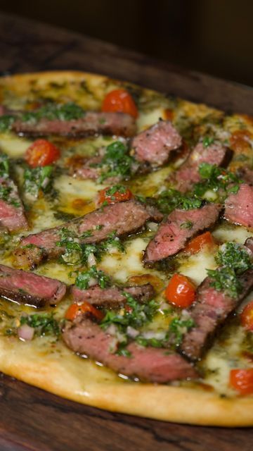 Steak Pizza Recipes, Chimichurri Pizza, Steak Flatbread Pizza, Steak Flatbread, Rosemary Butter, Chimichurri Steak, Beef Pizza, Pizza Oven Recipes, Steak Pizza