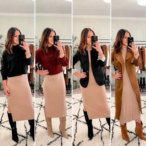 Nashville Wardrobe Stylists ✨ on Instagram: "One dress styled 4 ways ✨ Style Tip: Pair a cropped sweater over a dress OR grab a regular length sweater and…. 1) Add a slim belt and tuck the sweater in to the belt 2) Add a cropped fitted tank or sports bra over your dress and then add your sweater and tuck it under & up into the bra. Ideally, you want the sweater to land above your belly button Comment for outfit details ⬇️ . . . . #wardrobestylist #wardrobestyling #fashionstyle #fashionstylist Dress With Cropped Sweater Over It, Dress With A Sweater Over It, Cropped Sweater Over Dress Outfit, Crop Sweater Over Dress, Sweater Over A Dress, Sweater Over Dress, Campus Outfit, Slimmer Belt, Over Dress