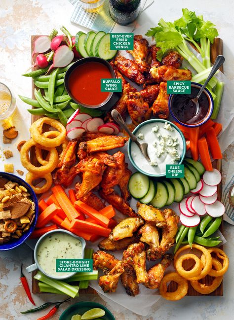 Just in time for the Big Game, this board features ever-popular chicken wings and dipping sauces to go with them — Taste of Home Lobster Charcuterie Board, Party Chicken Wings, Chicken Wing Party, Wing Board, Chicken Wing Sauce Recipes, Wing Party, Antipasto Kabobs, Deep Fried Chicken Wings, Party Chicken