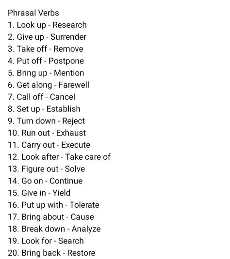 20 phrasal verbs #English #IELTS Phrasal Verbs English, Vocabulary Ielts, English Ielts, Ielts English, Phrasal Verb, Academic Vocabulary, Phrasal Verbs, English Verbs, Learn English Vocabulary