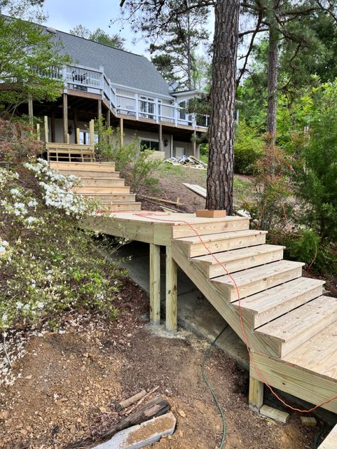 Outdoor Wooden Steps On A Slope, Deck Stairs On Sloped Yard, Steep Sloped Backyard Landscaping, Outdoor Stairs Hillside, Landscape Stairs Sloped Yard, Steep Hill Landscaping Ideas, Steps On Hillside Sloped Yard, Wooden Steps Outdoor, Garden Stairs Ideas