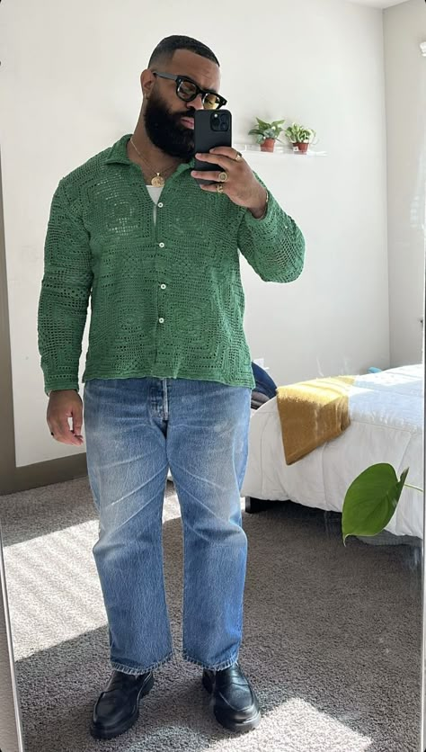 Spring fit. Green crochet shirt. IG: @brotherwiththebeard Fashion Ideas For Big Men, Crochet Outfits Aesthetic Men, Men’s Fashion Midsize, Men’s Crochet Outfits, Men’s Green Sweater Outfit, Crochet Men’s Button Up, Black Men Summer Outfits, Crotchet Men’s Shirt, Fat Guy Fashion