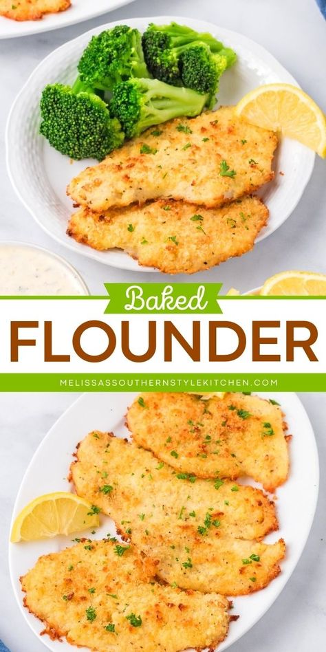 You're just 20 minutes away from this easy dinner idea! It's a seafood dish featuring flounder fillets. Crispy and delicious, this baked flounder recipe is the BEST. Don't forget the homemade tartar sauce! Crusted Flounder, Sauce For Flounder, Air Fried Flounder Filets, Baked Flounder Recipes Healthy, Frozen Flounder Recipes Baked, Flounder Fillet Recipes Air Fryer, Breaded Flounder Recipes, Baked Flounder Fillet Recipes, Swai Fillet Recipes Baked