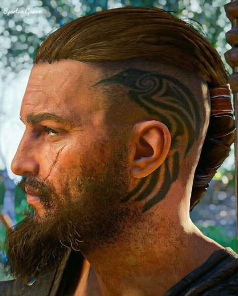 Nordic Head Tattoo Men, Angry Sun Tattoo, Eivor Tattoos, Celtic Head Tattoo, Nordic Head Tattoo, Ac Valhalla Tattoo, Viking Head Tattoos For Men, Viking Makeup Men, Viking Neck Tattoo