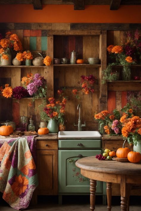 Step into the cozy embrace of this rustic kitchen nook, a haven of autumnal charm. The warm, weathered wooden shelving, rich with history, stands tall against a backdrop of radiant orange hues, encapsulating the essence of fall. Vibrant bouquets of marigold, magenta, and fiery red blooms create a symphony of colors, complementing the pumpkins that rest gently on the countertop. A sage-green cabinet adds a touch of nostalgia, while a round wooden table, beautifully aged, beckons for gatherings. Sage Green And Orange Kitchen, Orange Green Kitchen, Autumnal Kitchen, Orange And Green Kitchen, Green And Orange Kitchen, Orange Kitchen Ideas, Open Kitchen Shelves Decor, Fall Kitchen Decor Ideas, Green Cabinet