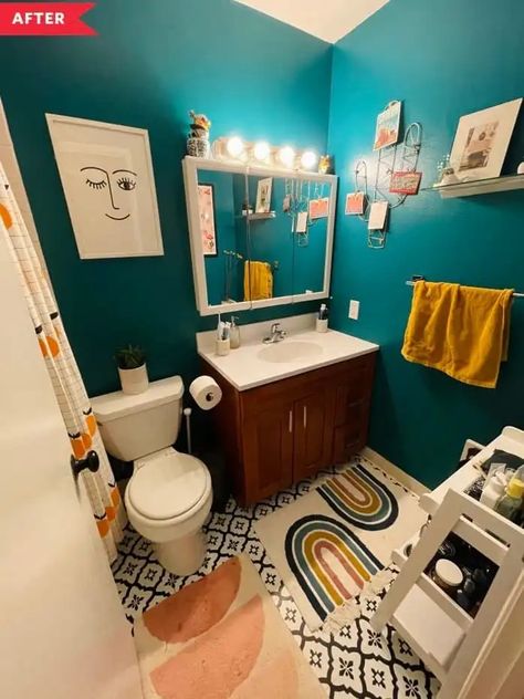 Dark Green Bathroom, Teal Bathroom Ideas, Teal Accent Walls, Blue Painted Walls, Rental Bathroom, White Mantel, Ceiling Shelves, Teal Bathroom, Rental Kitchen