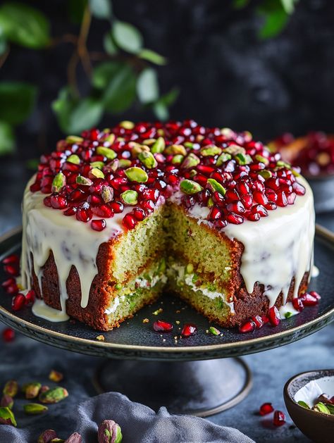 Luxurious Pistachio Pomegranate Cake 🍇  𝗜𝗻𝗴𝗿𝗲𝗱𝗶𝗲𝗻𝘁𝘀 🎂 - 1 cup unsalted butter, softened - 1 cup granulated sugar - 4 large eggs - 1 1/2 cups all-purpose flour - 1 cup ground pistachios - 1 teaspoon baking powder - 1/4 teaspoon salt - 1/2 cup milk - 1 teaspoon vanilla extract - 1/2 cup pomegranate seeds - 1/2 cup chopped pistachios for garnish Pomegranate Cake, Cheesecake Photography, Yalda Night, Dessert Photography, Pistachio Cake, Pomegranate Seeds, Mousse Cake, Photo Cake, Cake Ingredients