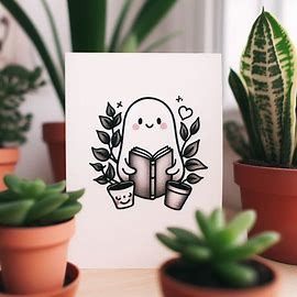 A SIMPLISTIC FEMININE TATTOO OF A CUTE GHOST READING A BOOK. HE IS SITTING AMONGS A COLLECTION OF HOUSE PLANTS. - Image Creator from Microsoft Designer Book Ghost Tattoo, Halloween Book Tattoo, Ghost Plant Tattoo, Ghost Book Tattoo, Ghost Reading A Book Tattoo, Ghost Tattoo, Fallen Book, Book Tattoo, Halloween Books