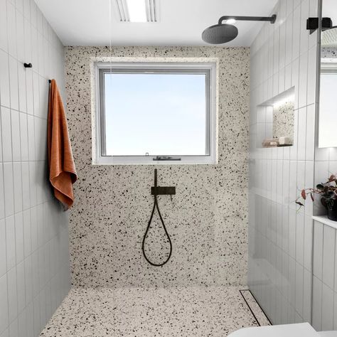 Bathroom Terrazzo Floor White Walls, Terrazzo Tile Shower Wall, Terrazzo Floors Bathroom, Terrazzo And Subway Bathroom, Terrazzo Shower Tile, Terrazzo Bathroom Tile, Terrazo Bathroom Interior Design, Terrazo Bathroom Flooring, Terrazzo Bad