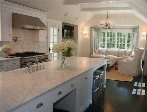 Follow along with my adventures as a preppy empty nester supermodel trophy wife living the dream on the South Shore of Massachusetts. Open Floor Plan Kitchen, Tv In Kitchen, Hearth Room, Marble Counter, Keeping Room, Kitchen Nook, Island Ideas, Gorgeous Kitchens, Pool Design