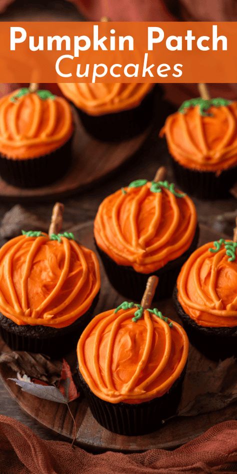 Want to make adorable pumpkin patch cupcakes that impress a crowd with not only their look but taste too? My easy and delicious pumpkin patch cupcakes are made with moist, rich chocolate cupcakes and an easy homemade frosting. Follow my easy steps and you'll be a pumpkin cupcake pro! Small Batch Pumpkin Cupcakes, Box Pumpkin Cupcakes, Pumpkin Choc Chip Cupcakes, Cupcake Pumpkin Pie, Natasha’s Kitchen Pumpkin Cupcakes, Halloween Food Cupcakes, Popular Desserts Recipes, Pumpkin Cupcake, Most Popular Desserts