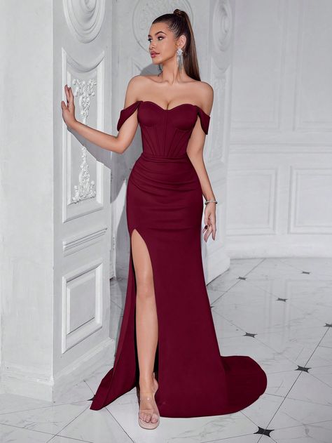 ADYCE Off Shoulder Elegant Bardot Sweetheart Neck Pleated Front Split Thigh Backless Party Long Dress Burgundy Elegant  Short Sleeve Woven Fabric Plain Bodycon Slight Stretch  Weddings & Events, size features are:Bust: ,Length: ,Sleeve Length: Burgundy Long Dresses, Prom Simple Dress, Graduation Long Dress, Dark Red Prom Dress Long, Red Gowns Elegant, Formal Dresses Red, Vestidos Color Vino, Burgundy Party Dress, Bordeaux Dress