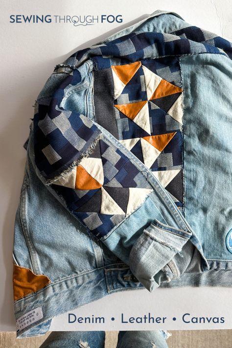 Patchwork Jeans Diy, Jean Jacket Diy, Upcycled Jackets, Upcycled Denim Jacket, Denim Scraps, Diy Denim Jacket, Mending Clothes, Patchwork Clothes, Upcycle Clothes Diy