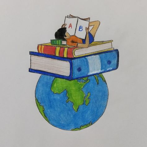 Library Designs For School, World Book Day Drawing, Book Day Drawings, School Day Drawing, World Book Day Poster Design, Library Drawing Ideas, School Poster Drawing, My Dream World Drawing, World Literacy Day Posters