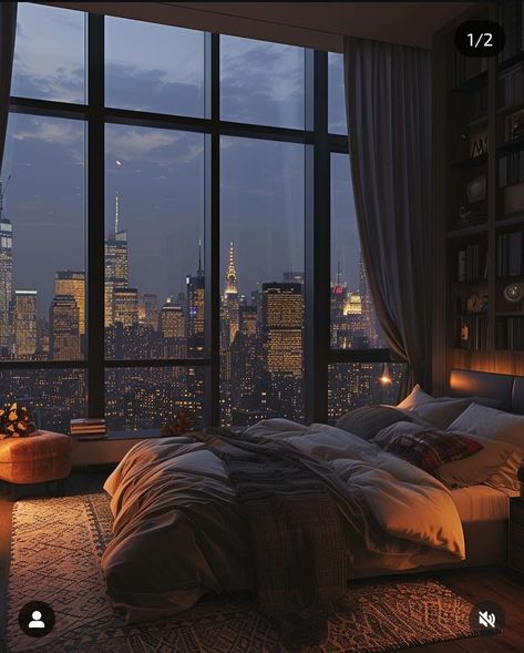 Nyc Penthouse Bedroom, Honeymoon Ideas Romantic Bedroom, Luxury Apartment Bedroom, New York Lights, Cozy Penthouse, Modern Penthouse Apartment, Penthouse Modern, Appartement New York, Penthouse Bedroom