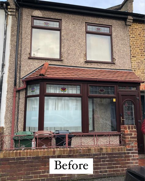 Part 1 of our little home transformation - the front of the house and downstairs 🙌 here’s what we did: 🤍 restored the front of the house by removing the pebbledash, repairing and repointing the bricks, restoring the bay window and taking down the porch, and replacing the windows 🤍 removed the downstairs bathroom and made the kitchen twice the size, completely renovating it 🤍 put up walls again around the living room as the whole ground floor had been open plan, and again completely renovate... No Front Door On House, Brick Bay Window, Edwardian Porch, Pebbledash Makeover, House Transformation, Council House Makeover, Council House Renovation, 1960s House Renovation, Upvc Front Door