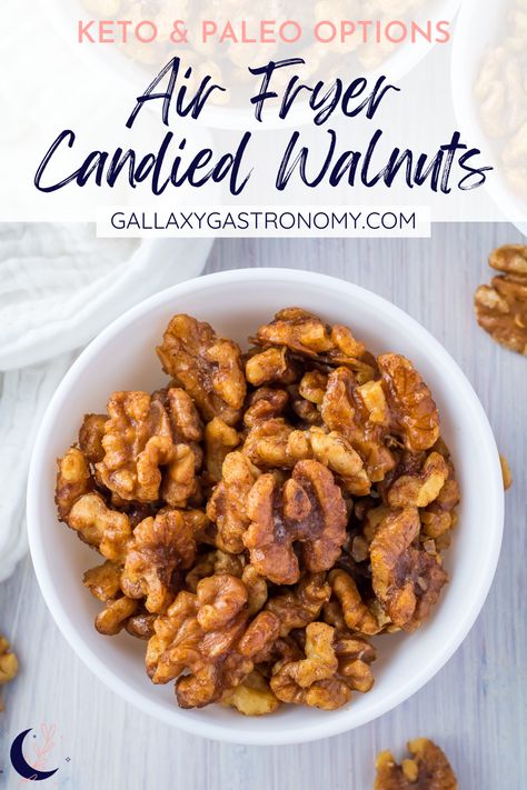 Perfect as a quick snack anytime or a great gift in the holiday season, Air Fryer Candied Walnuts are so moreish. Use regular sugar or make them sugar-free and keto-friendly by using erythritol. Add them to a cheese board or party table, this easy air fryer recipe will become a year-round staple! Candied Walnuts In Air Fryer, Air Fryer Candied Almonds, Keto Walnuts Candied, Candied Walnuts Easy Air Fryer, Roasted Walnuts In Air Fryer, Air Fryer Nuts Recipe, Air Fryer Almonds, Keto Candied Walnut Recipes, Keto Walnut Recipes