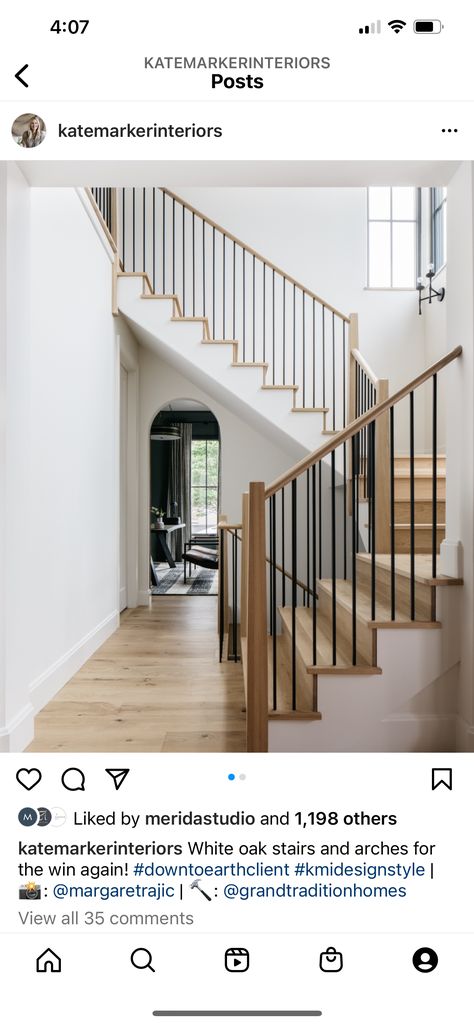 Modern Farmhouse Staircase, Room Under Stairs, Arched Entry, Transitional Staircase, White Oak Kitchen, Kate Marker Interiors, House Staircase, Oak Stairs, Transitional Contemporary