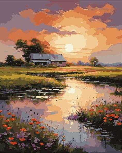 Amazon.com: DoMyArt Paint by Numbers Kit for Adults, DIY Acrylic Painting on Canvas Home Decor Wall Art (River Under Sunset, 16x20 Inch) Diy Acrylic Painting, Hand Painted Birdhouses, Sunset Painting Acrylic, Church Pictures, River Painting, Boho Painting, Bird Houses Painted, Landscape Paintings Acrylic, Acrylic Painting For Beginners