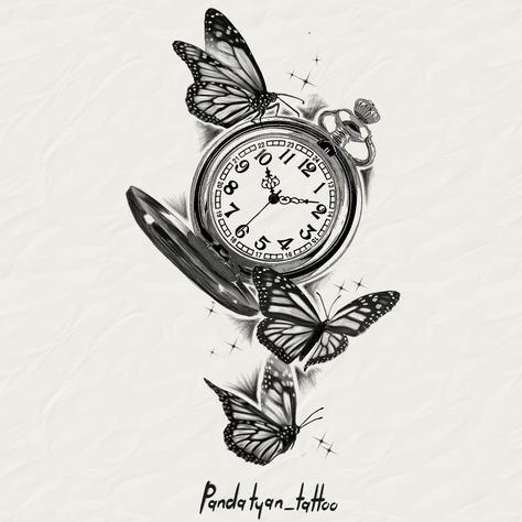 Clock butterflies tattoo idea sparkling Butterfly And Clock Tattoo, Butterfly Clock Tattoo, Tatoos Woman, Butterfly Clock, Pocket Watch Tattoos, Tattoo 2024, Coverup Tattoo, Clock Tattoo Design, Pocket Watch Tattoo