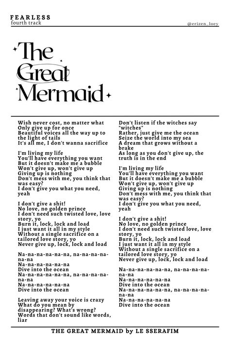 Le Sserafim The Great Mermaid, The Great Mermaid Lesserafim, Lesserafim Lyrics, Pop Song Lyrics, Poster To Print, Kpop Lyrics, Wall Decor Posters, Song Lyric Posters, Lyric Poster