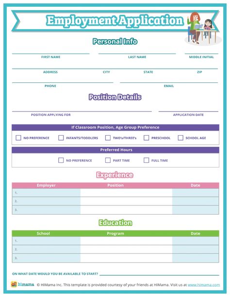 Daycare Enrollment Forms Free, Daycare Job, Daycare Paperwork, Daycare Application Forms, Childcare Teacher, Employment Form, Job Application Template, Application Template, Kids Chores