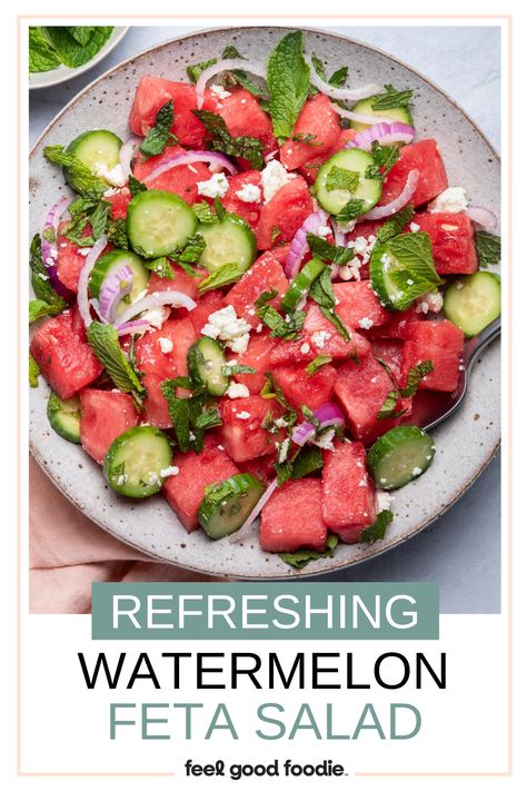 Summer Dinner Meals, Watermelon Feta Salad Recipes, Summer Vegetarian Recipes, Feta Salad Recipe, Feel Good Foodie, Feta Cheese Recipes, Honey Lime Dressing, Chicken Caesar Pasta Salad, Feta Cheese Salad