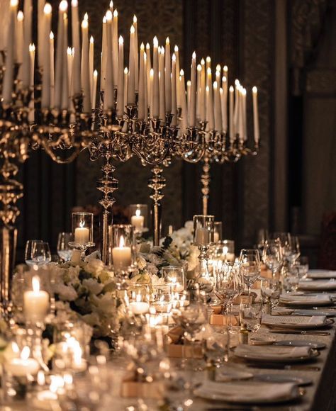 Candelabra Table Setting, Candle Wedding Aesthetic, Romantic Candle Lit Wedding, Old World Elegance Wedding, Dramatic Wedding Decor, Sultry Wedding Decor, Old Hollywood Wedding Flowers, Dark Romantic Wedding Centerpieces, Classy Birthday Party Decorations