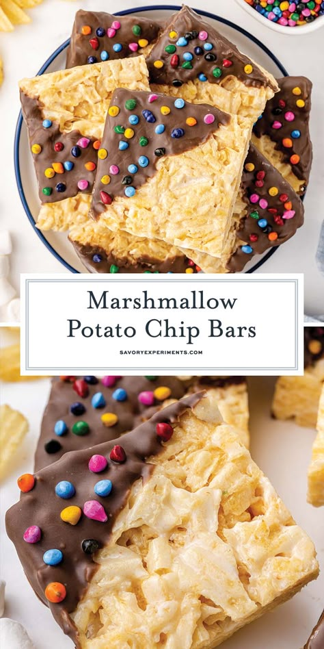 These EASY Potato Chip Marshmallow Bars combine salty wavy potato chips with gooey marshmallow and rich chocolate for a crunchy, sweet treat! Monster Cookie Bars Recipe, Marshmallow Dessert Recipes, Pecan Pie Bars Easy, Raspberry Cheesecake Bars, Marshmallow Bars, Pie Bar Recipes, Marshmallow Treats, Slow Cooker Desserts, Recipes With Marshmallows