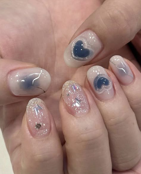 nail inspo Korean Gel Nail Designs Simple, 3d Simple Nail Art, Blue Nails Inspo Short, Short Nails 3d Design, Short Nail Designs 3d, 3d Korean Nails, 3d Nail Art Short Nails, Nail Art Simple Blue, Korean Style Nails Art