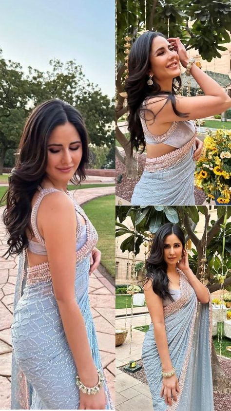 Bollywood Actress Indian Outfits, Bridesmaid Looks Indian Saree, Black Saare Look For Wedding, Wedding Saree For Bridesmaid, Stylish Saree Blouse Design, Katrina Saree, Bridesmaid Saree Look, Katrina Kaif Outfits, Engagement Saree Look