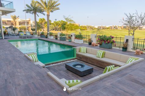 Custom Extensions by Silver Fox Swimming Pool With Fire Pit, Pool With Sunken Seating, Outdoor Sunken Seating Area, Pool With Sunken Fire Pit, Sunken Fire Pit Pool, Fire Pit And Pool Ideas, Seating Around Pool, Pool With Sitting Area, Pool With Fire Pit Area