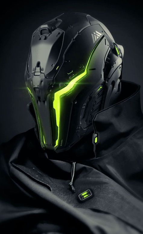 JOJO POST DIGI: HELMET, Cyberpunk, Android, Robot, Futuristic, Sci-Fi, Military, Star gate, Cyborg, Cabuto, Clothing, Fashion, Future, Armor, Mask. Communication. Neon, Green, Black