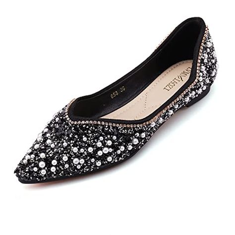 Women's Rhinestone Flats Fashion Pointed Toe Pearl Diamond Low Heel Dress Wedding Flats Work Business Dance Ballet Flats Sparkly Flats, Fashion Shoes Flats, Dance Ballet, Elegant Heels, Rhinestone Flats, Rhinestone Fashion, Wedding Flats, Rhinestone Shoes, Gold Flats