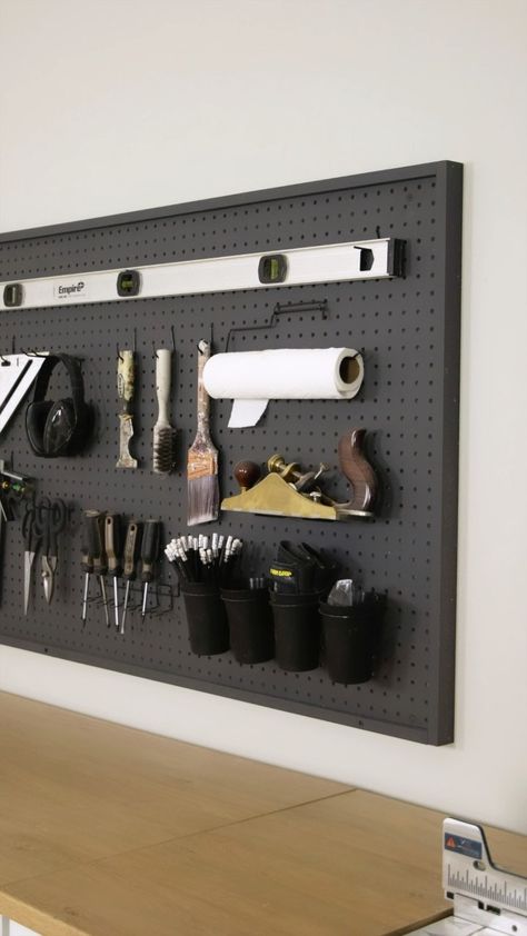 Black Pegboard, Pegboard Garage, Garage Workshop Layout, Garage Workbench Plans, Basement Workshop, Garage Organization Tips, Storage Shed Organization, Woodworking Organization, Garage Workshop Organization