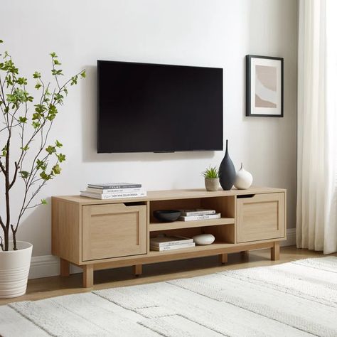 Red Barrel Studio® 58'' Media Console & Reviews | Wayfair Woven Tv Stand, Tv Stand Console Table, Scandi Tv Stand, Simple Entertainment Unit, Rattan Tv Console Living Room, Natural Tv Stand, Bamboo Tv Stand, Earthy Tv Stand, Light Wood Furniture Living Room