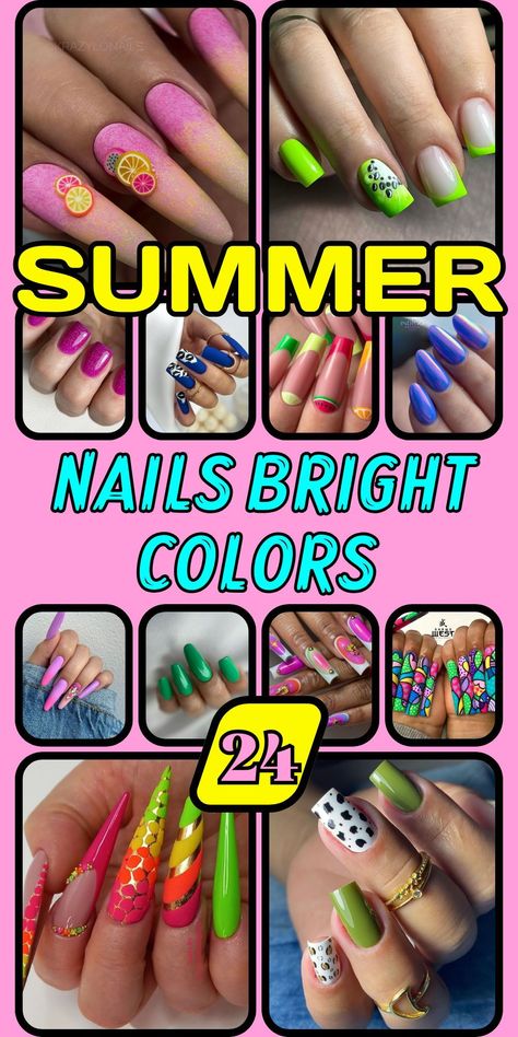 Get inspired with summer nails bright colors, showcasing neon and hot pink hues that are perfect for the season. These simple, short nail designs are both cute and trendy, featuring almond shapes and fun art designs. Incorporate bright blue, orange, and pink shades with trendy flower patterns and French tips to stay on top of the latest 2024 nail trends. Bright Fun Nails, Summer Nails Bright Colors, Nails Bright Colors, Summer Nails Bright, Neon Orange Nails, Lime Green Nails, Bright Summer Nails Designs, Blue Matte Nails, Bright Colors Art