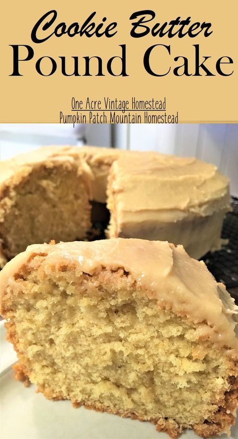 Cookie Butter Pound Cake ⋆ One Acre Vintage & Pumpkin Patch Mtn. Best Pound Cake Glaze, Cookie Butter Pound Cake Recipes, Cookie Butter Frosting, Cinnamon Roll Pound Cake, Nutella Cookie, Butter Pound Cake, Simple Cakes, Amazing Meals, Biscoff Cookie Butter