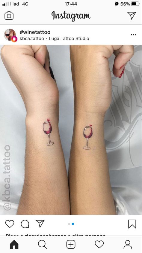 Small Friendship Tattoos Unique, Wine Tattoo Ideas Friends, Small Wine Tattoos, Best Friend Wine Tattoos, Wine Tattoo Best Friend, Pair Tattoos, Small Colorful Tattoos, Feminine Shoulder Tattoos, Wine Tattoo