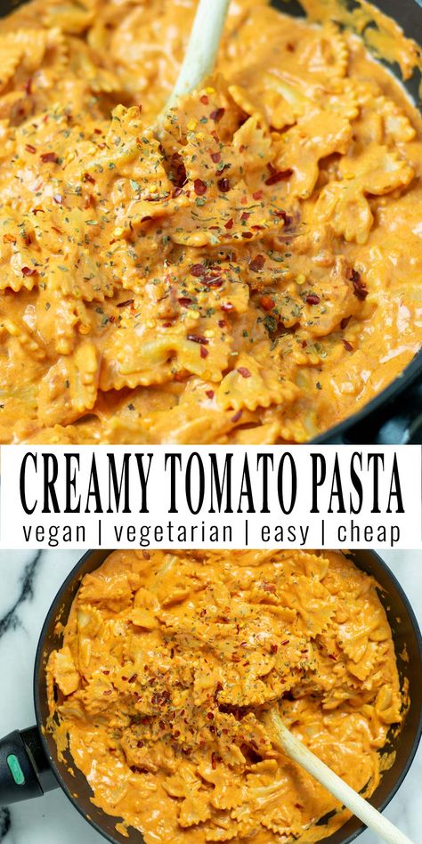 This super simple Creamy Tomato Pasta is in 20 minutes on the table. All you need are pantry staples like crushed tomatoes, vegan cream cheese, chili flakes, garlic. A great weeknight meal the whole family will love, even the pickiest eaters. #contentednesscooking #vegan #dairyfree #vegetarian #creamytomatopasta #dinner #lunch #20minutemeals #pastatomato #mealprep Vegan Tomato Cream Pasta, Recipes With Vegan Cream Cheese, Easy Pasta Recipes Without Meat, Meals With Tomato Paste, Vegan Creamy Tomato Pasta, Quick Vegan Pasta Recipes, Creamy Pasta Recipes Without Heavy Cream, Crushed Tomato Pasta Sauce, Pasta Recipes Lactose Free