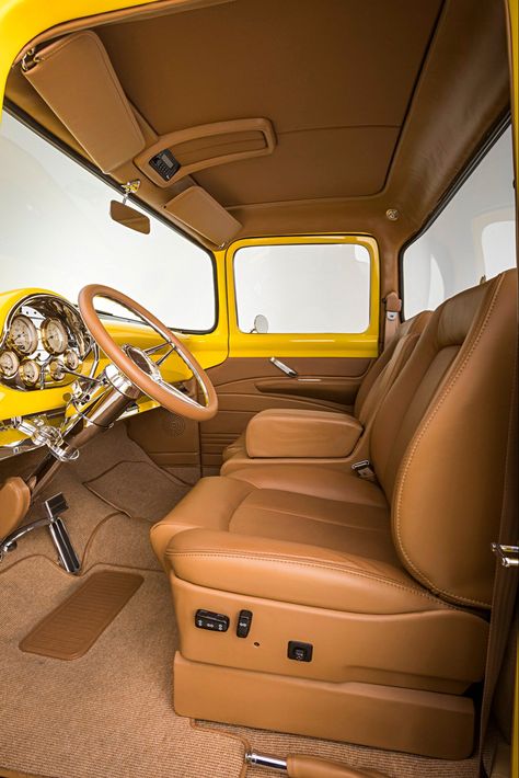 Hotrod Interior, 56 Ford F100, 1956 Ford Truck, 1956 Ford F100, Ford Motorsport, Ford F1, Medium Duty Trucks, Ford F100, Yellow Car