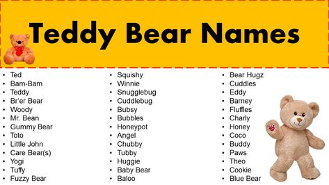 Build A Bear Names Ideas, Cartoon Name List, Cute Names For Stuffed Animals, Teddy Bear Names Ideas, Care Bear Names, Cartoon Character Names, Names For Teddy Bears, Stuffed Animal Names, Funny Teddy Bear