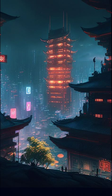 Cyberpunk Location Art, Sci Fi Japanese City, China Cyberpunk City, Cybernoir Aesthetic, Cyberpunk Countryside, Futuristic Asian City, Neotokyo Aesthetic, Cyberpunk Cottagecore, Cybercity Aesthetic