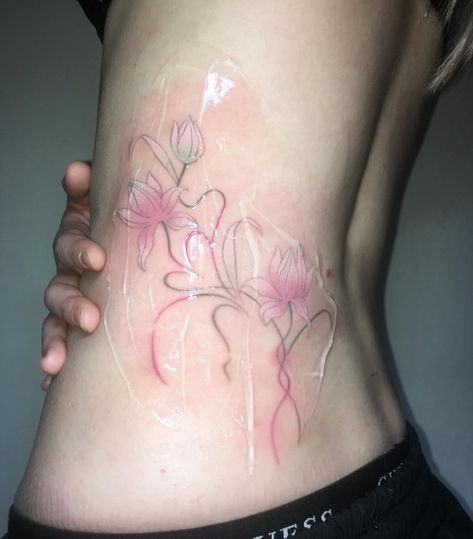 Cherry Blossom Neck Tattoo, Black And Pink Tattoo, Pink Ink Tattoo, Lotus Tat, Colored Tattoos, Waist Tattoo, Pink Rose Tattoos, Waist Tattoos, Pink Tattoo