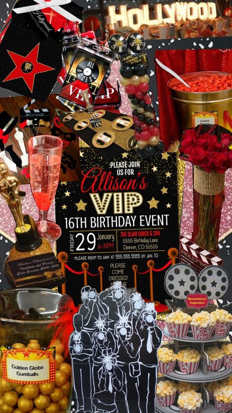 Hollywood birthday theme Old Hollywood Sweet 16, Los Angeles Theme Party, Hollywood Glamour Party Theme, Old Hollywood Birthday Party Theme, Hollywood Birthday Theme, Old Hollywood Party Theme, Old Hollywood Birthday Party, Old Hollywood Birthday, Broadway Themed Party